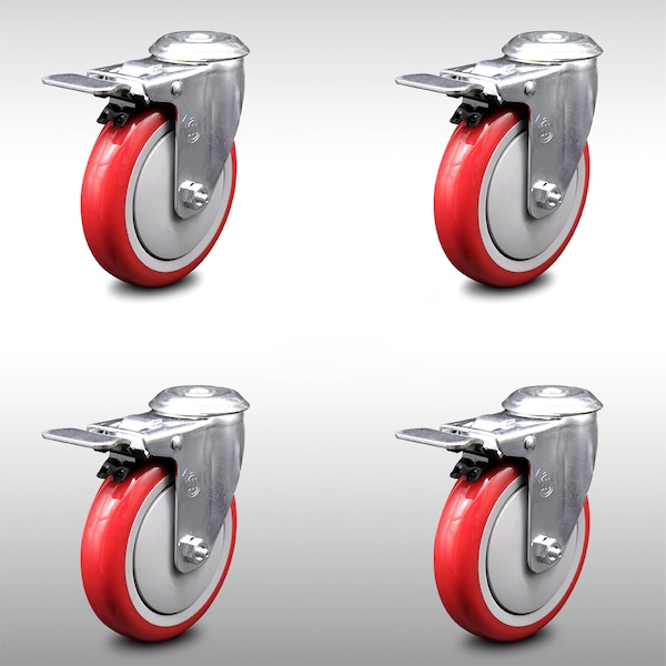 5 Inch SS Red Polyurethane Swivel Bolt Hole Caster Set with Total Lock Brake